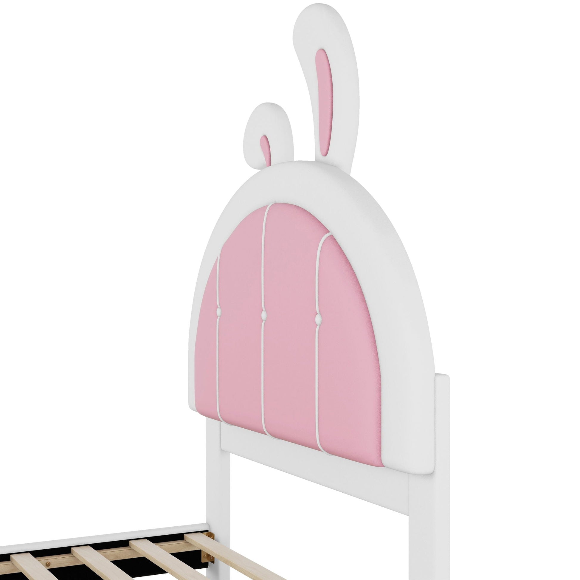 Upholstered bed with rabbit-shaped headboard, pink panel, white frame, HouseOfZazla on Tampa Home & Garden Store