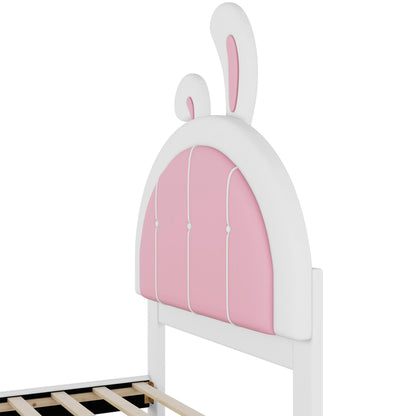 Upholstered bed with rabbit-shaped headboard, pink panel, white frame, HouseOfZazla on Tampa Home & Garden Store