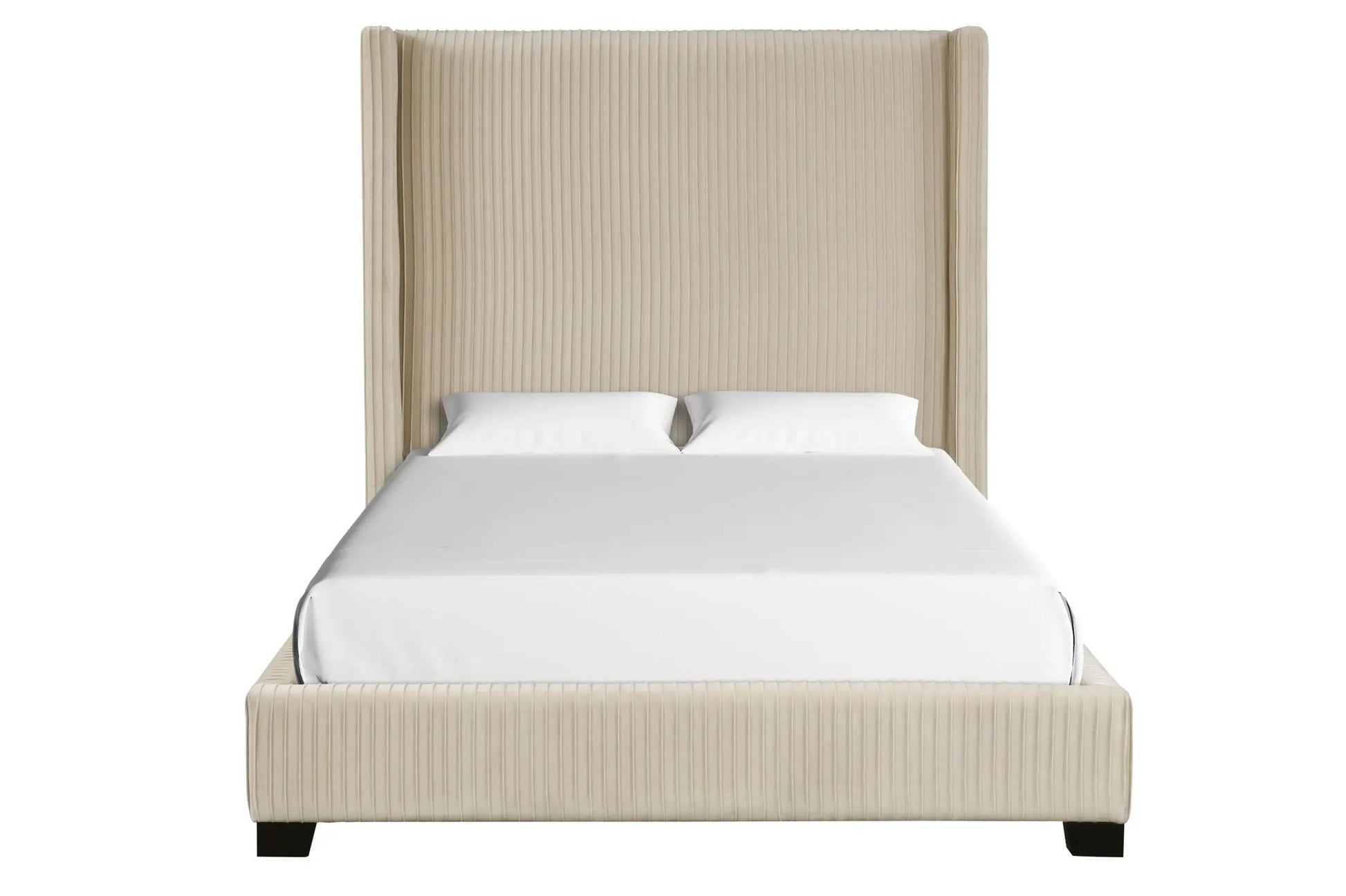 Upholstered bed space-saving beige headboard with white bedding by Unique Piece Furniture on Tampa Home & Garden Store