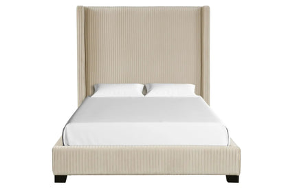 Upholstered bed space-saving beige headboard with white bedding by Unique Piece Furniture on Tampa Home & Garden Store