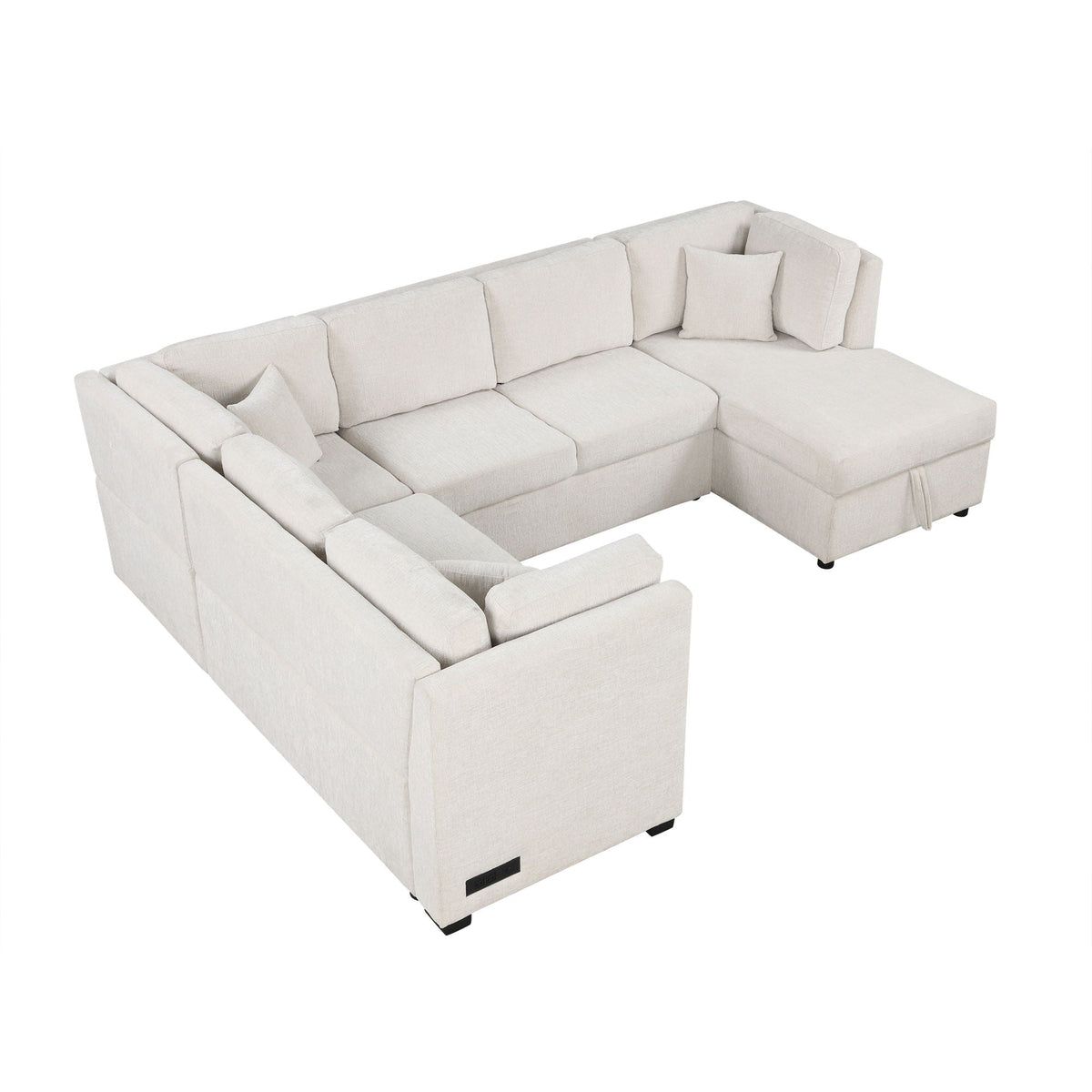Beige fabric U-shaped sleeper sectional sofa with storage chaise and plush back cushions on Tampa Home & Garden Store
