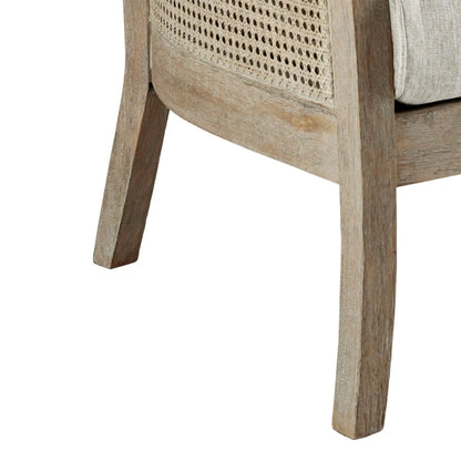 Cane armchair, cream cushions with high-density foam, natural reclaimed wood frame on Tampa Home & Garden Store