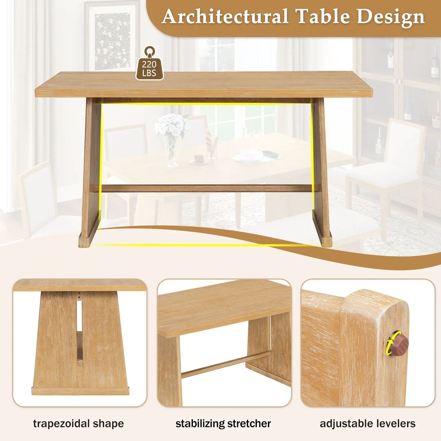 6-piece rectangular dining set with wood table and four upholstered chairs plus padded bench on Tampa Home & Garden Store