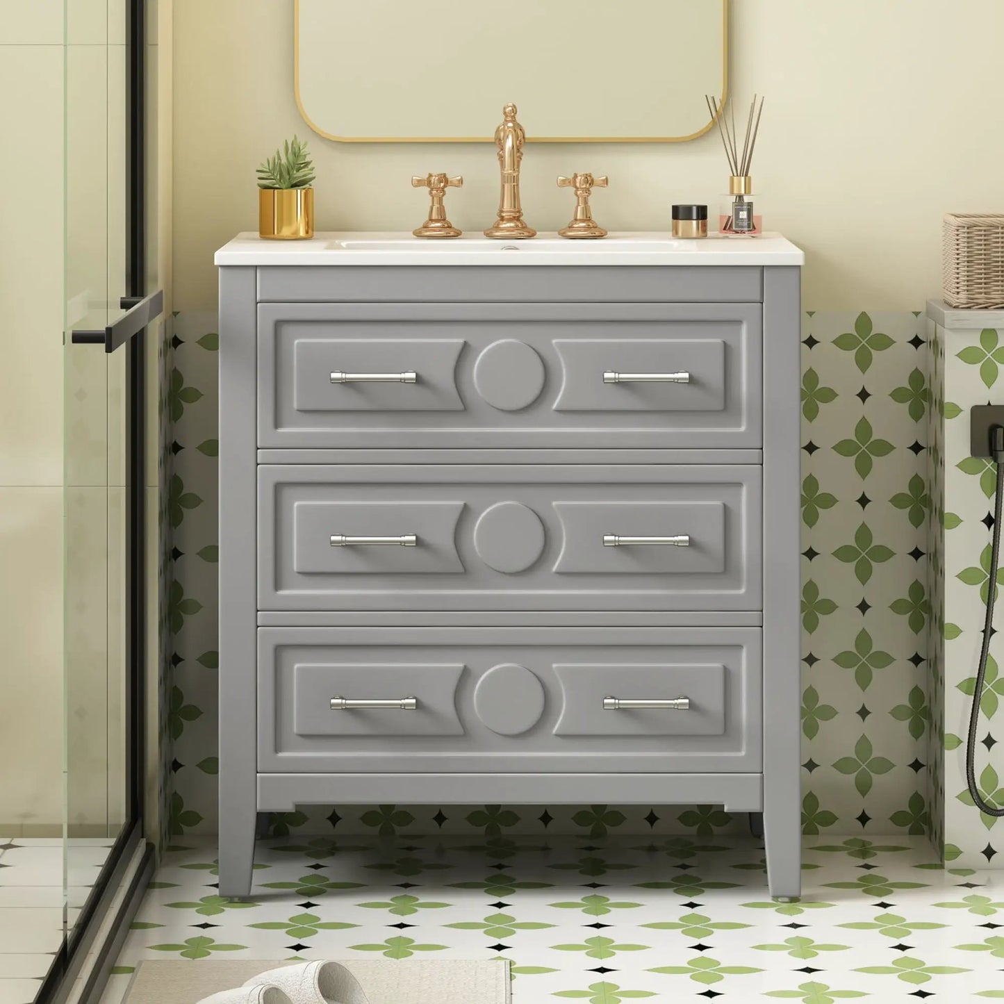 Retro bathroom vanity with sink in gray, white countertop, brass faucet, 3-drawer freestanding unit on Tampa Home & Garden Store