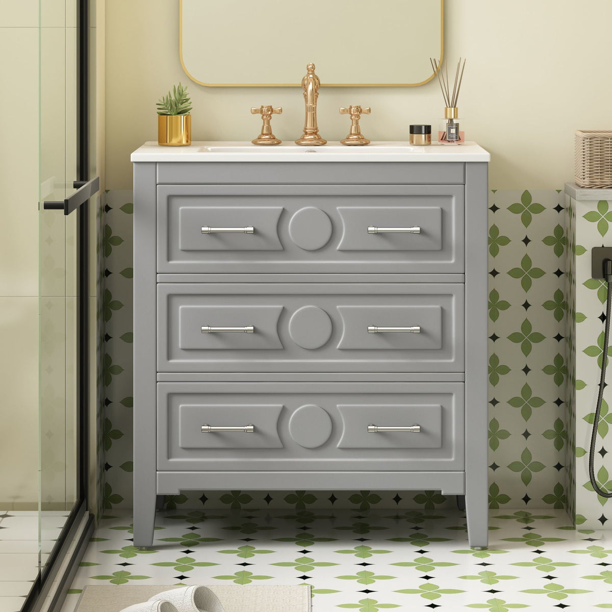 Retro bathroom vanity with sink, free-standing, dark gray with 3 soft-close drawers on Tampa Home & Garden Store