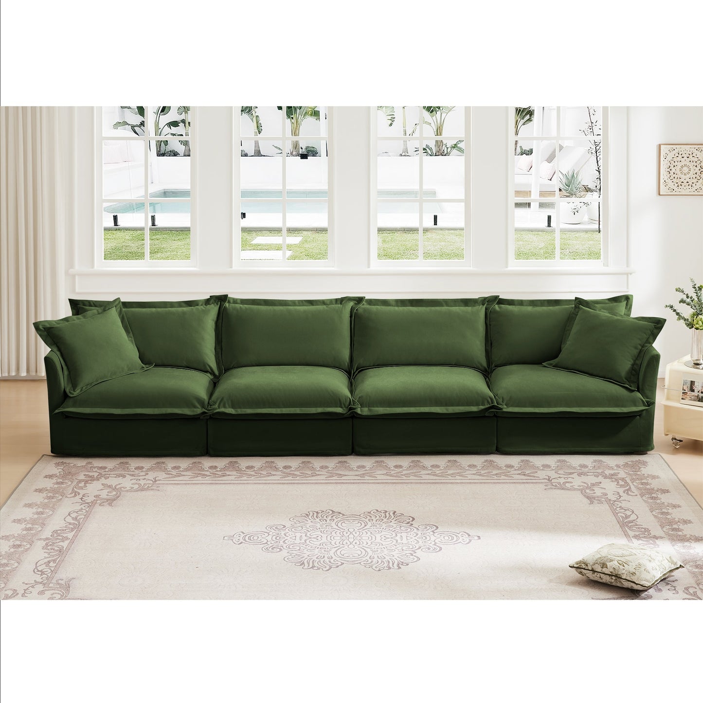 Slipcovered Long Sofa - 4 Seater in forest green fabric with plush cushions on Tampa Home & Garden Store