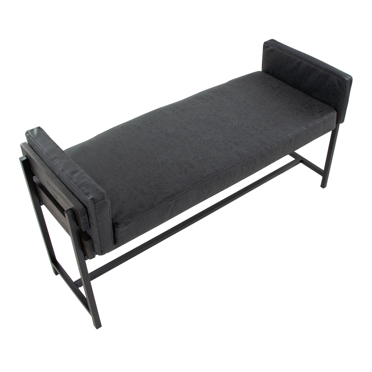 Farmhouse Luxe Upholstered Bench with Wood Panel Accent gray faux-leather, black metal frame on Tampa Home & Garden Store