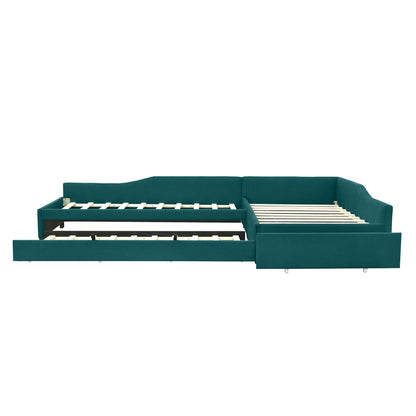 Upholstered double daybed with teal fabric, includes trundle and storage drawer on Tampa Home & Garden Store