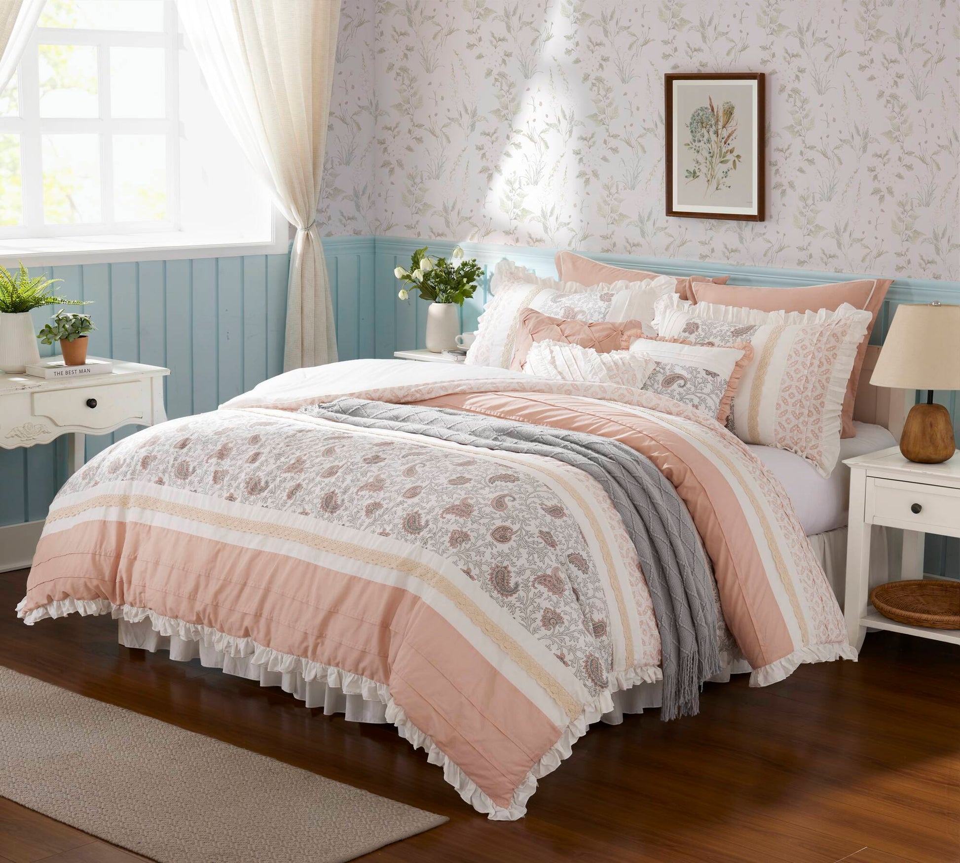 9 Piece Cotton Percale Comforter Set Blush by HouseOfZazla in pastel pink with ruffled trim on Tampa Home & Garden Store