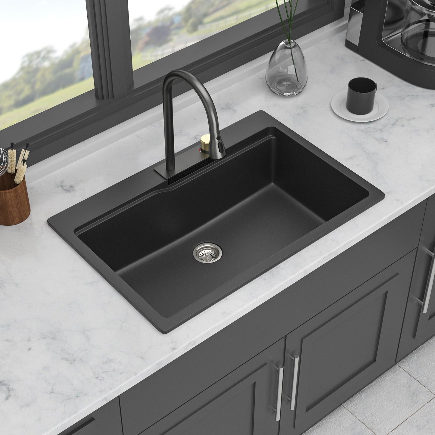 Brushed Waterfall Sink with Faucet and Cup Washer
