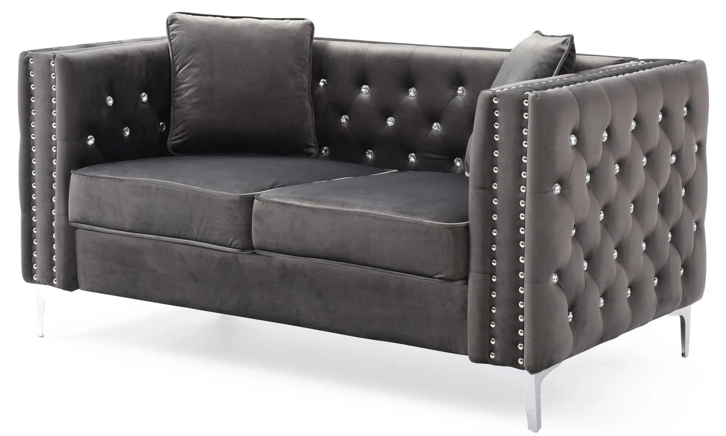 Elegant Track Arm Loveseat in dark grey velvet with crystal tufted back and nailhead trim on Tampa Home & Garden Store