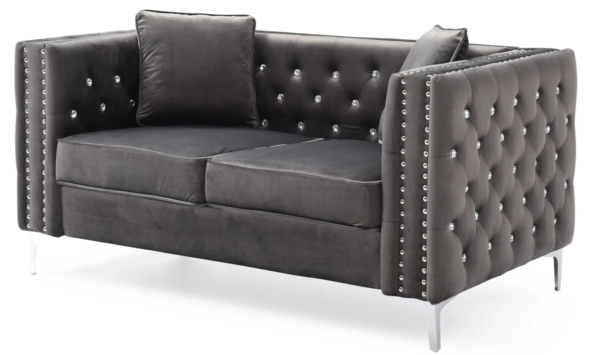 Elegant Track Arm Loveseat in dark grey velvet with crystal tufted back and nailhead trim on Tampa Home & Garden Store