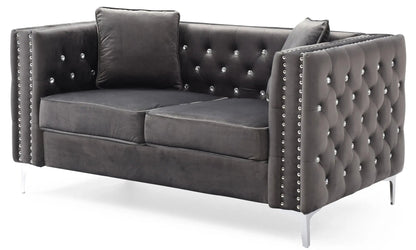 Elegant Track Arm Loveseat in dark grey velvet with crystal tufted back and nailhead trim on Tampa Home & Garden Store