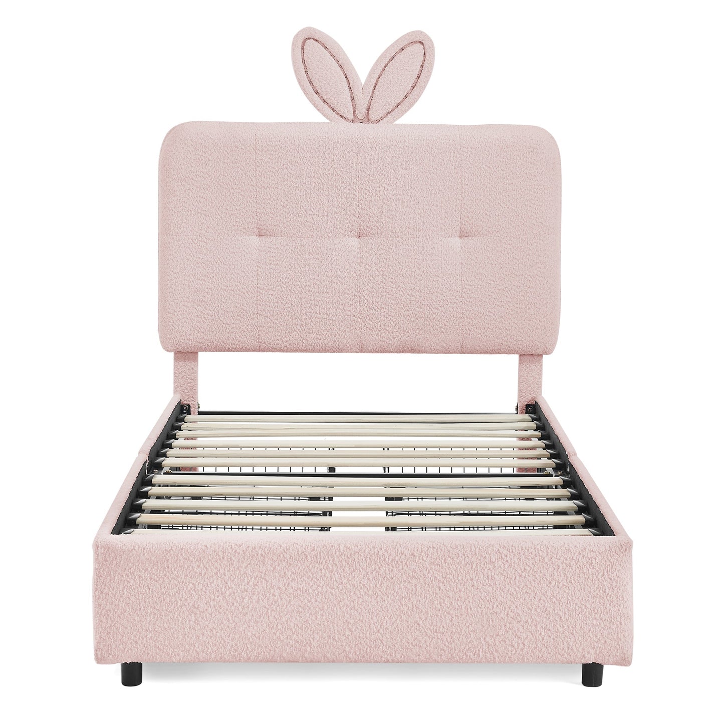 Twin Size Kids Upholstered Bed with Rabbit-Ear Headboard in blush pink bouclé fabric on Tampa Home & Garden Store