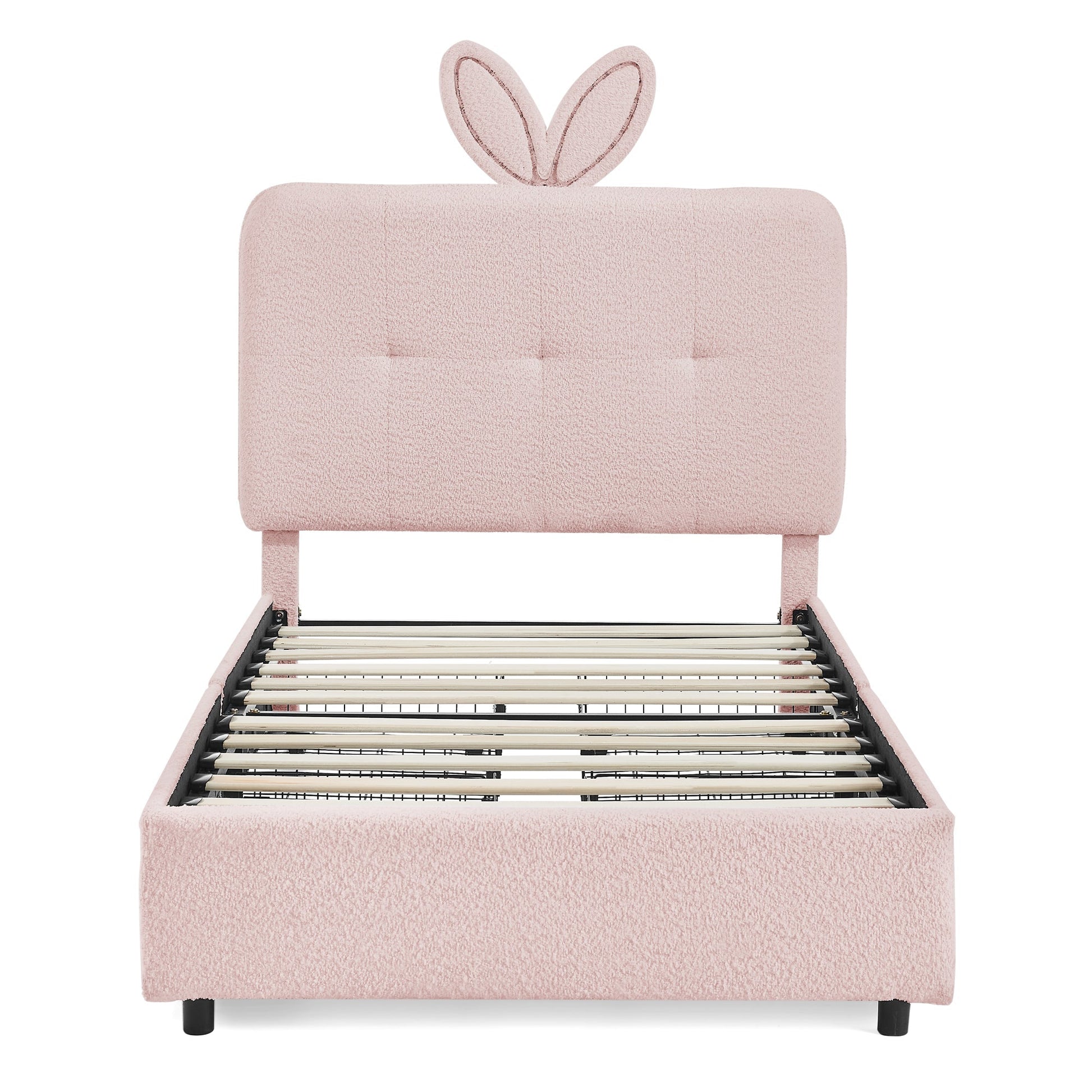 Twin Size Kids Upholstered Bed with Rabbit-Ear Headboard in blush pink bouclé fabric on Tampa Home & Garden Store