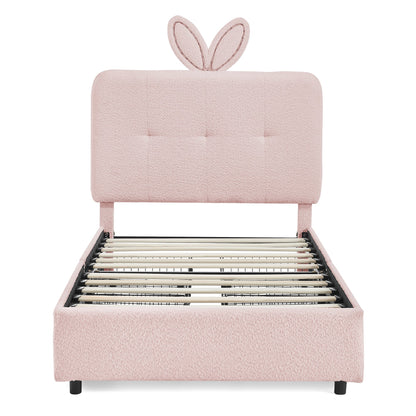 Twin Size Kids Upholstered Bed with Rabbit-Ear Headboard in blush pink bouclé fabric on Tampa Home & Garden Store