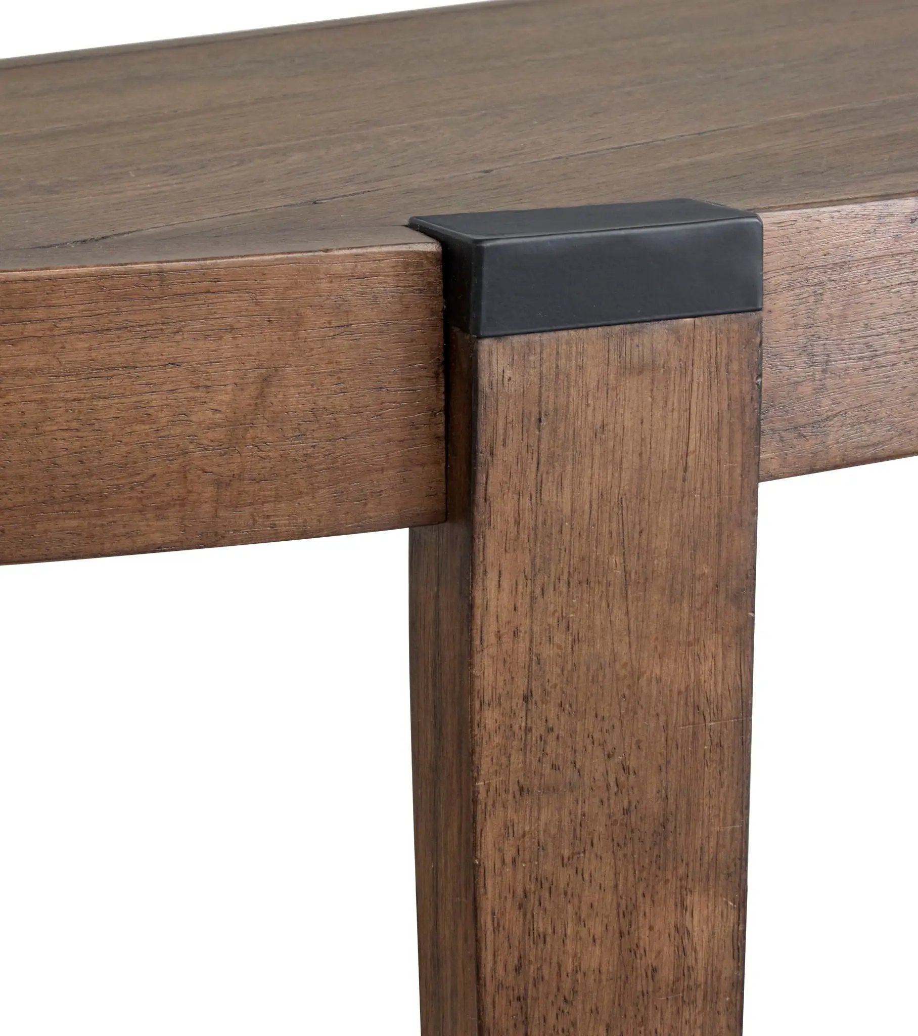 Kaysen Demilune Sofa Table Wallaby with dark wood finish and a black metal cap on the leg on Tampa Home & Garden Store