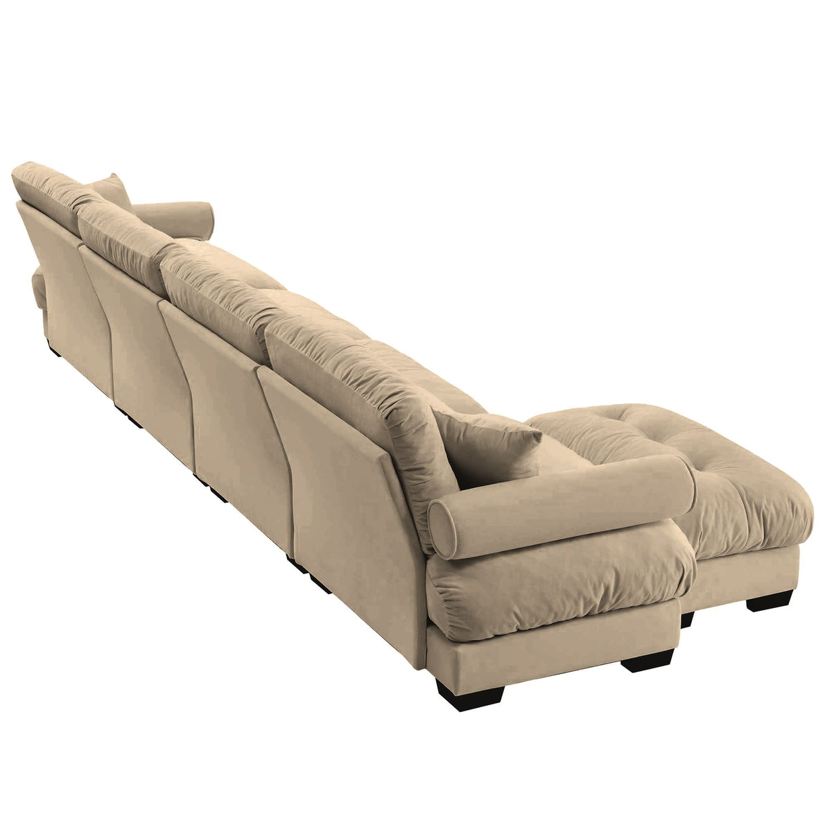 Modern sectional sofa with ottoman in beige fabric, round bolster arms, waist and throw pillows on Tampa Home & Garden Store