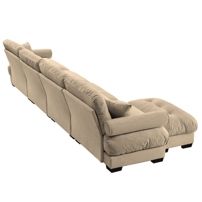 Modern sectional sofa with ottoman in beige fabric, round bolster arms, waist and throw pillows on Tampa Home & Garden Store