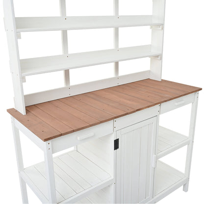 Topmax 66in outdoor farmhouse wooden potting bench with white frame and wood top on Tampa Home & Garden Store