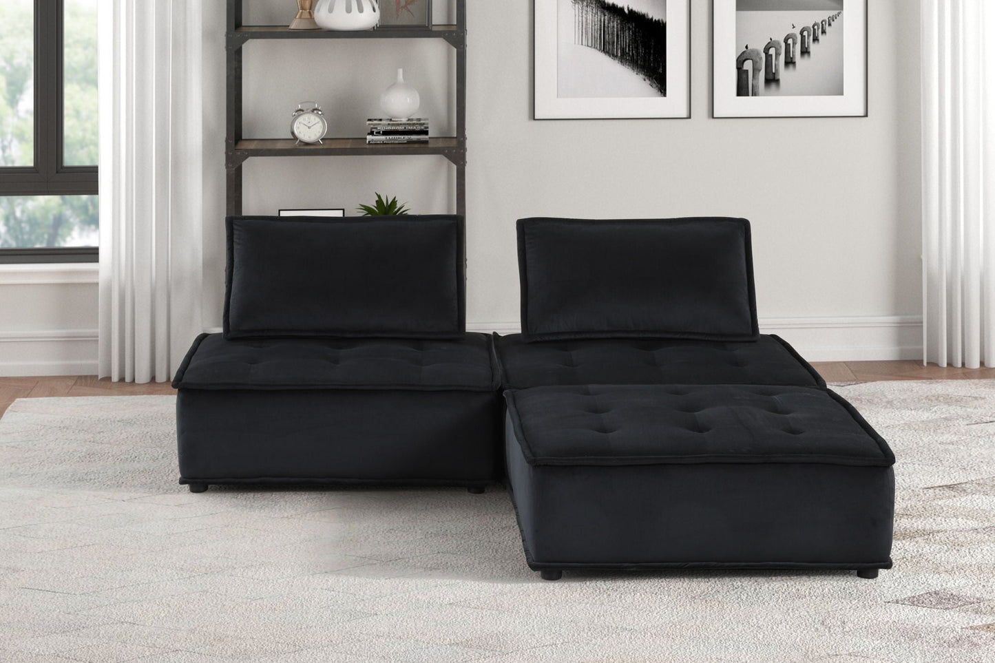 Anna - Stylish Sectional Sofa Ottoman pair, black fabric upholstery, stationary by HouseOfZazla on Tampa Home & Garden Store