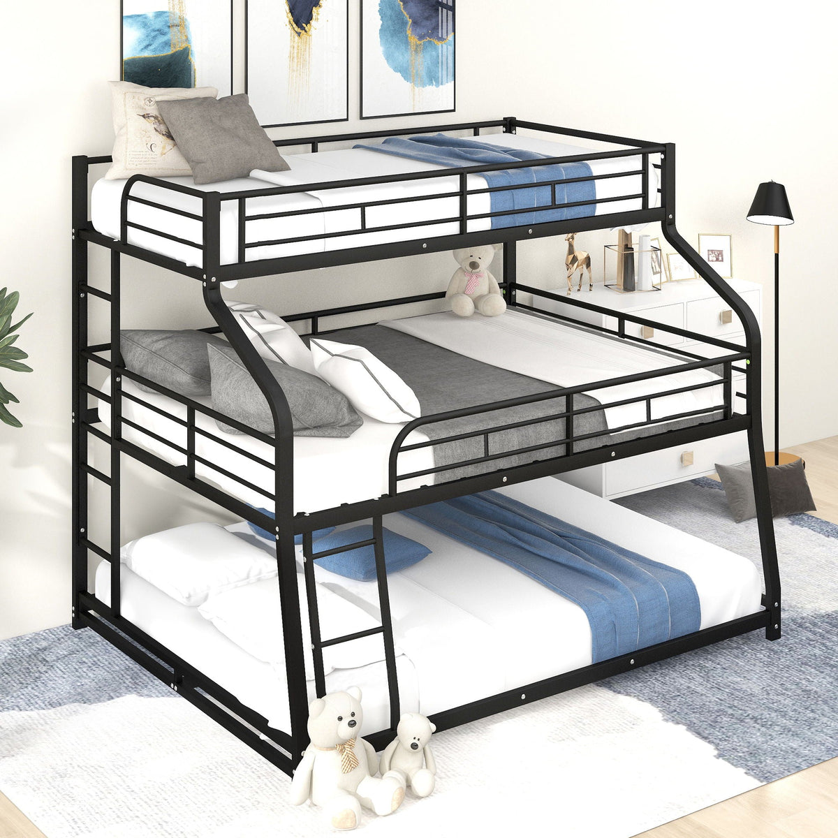 HouseOfZazla black metal triple bunk bed with long and short ladders and full-length guardrails on Tampa Home & Garden Store
