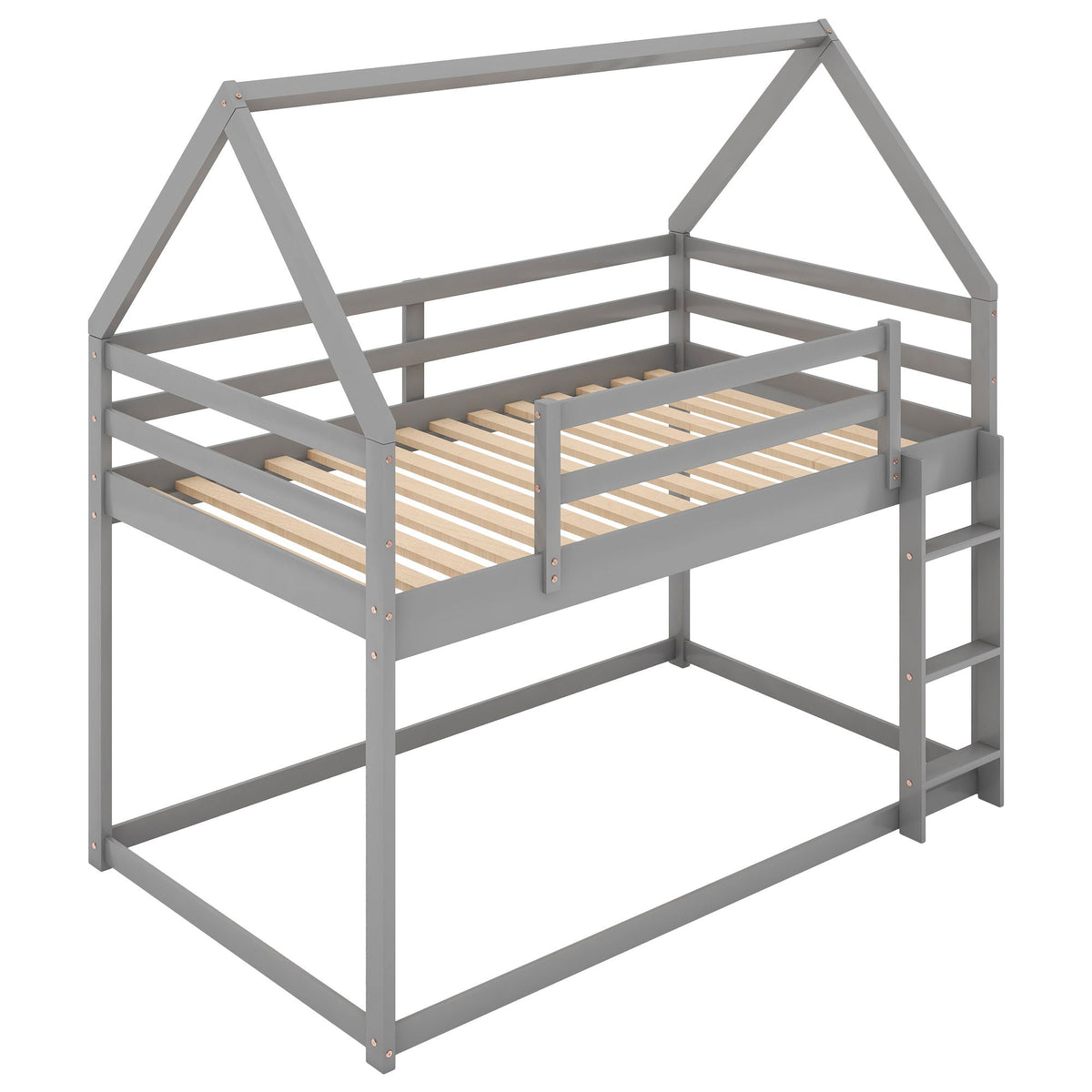 Low bunk bed with house-shaped gray frame and ladder, slatted bed base on Tampa Home & Garden Store