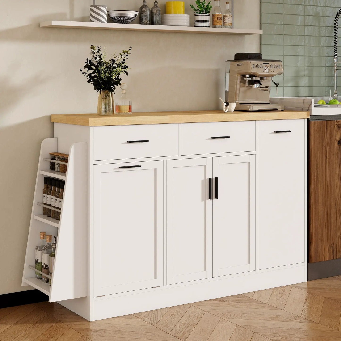 Kitchen sideboard with sliding doors, white finish and light wood top; 3-tier spice rack on left on Tampa Home & Garden Store