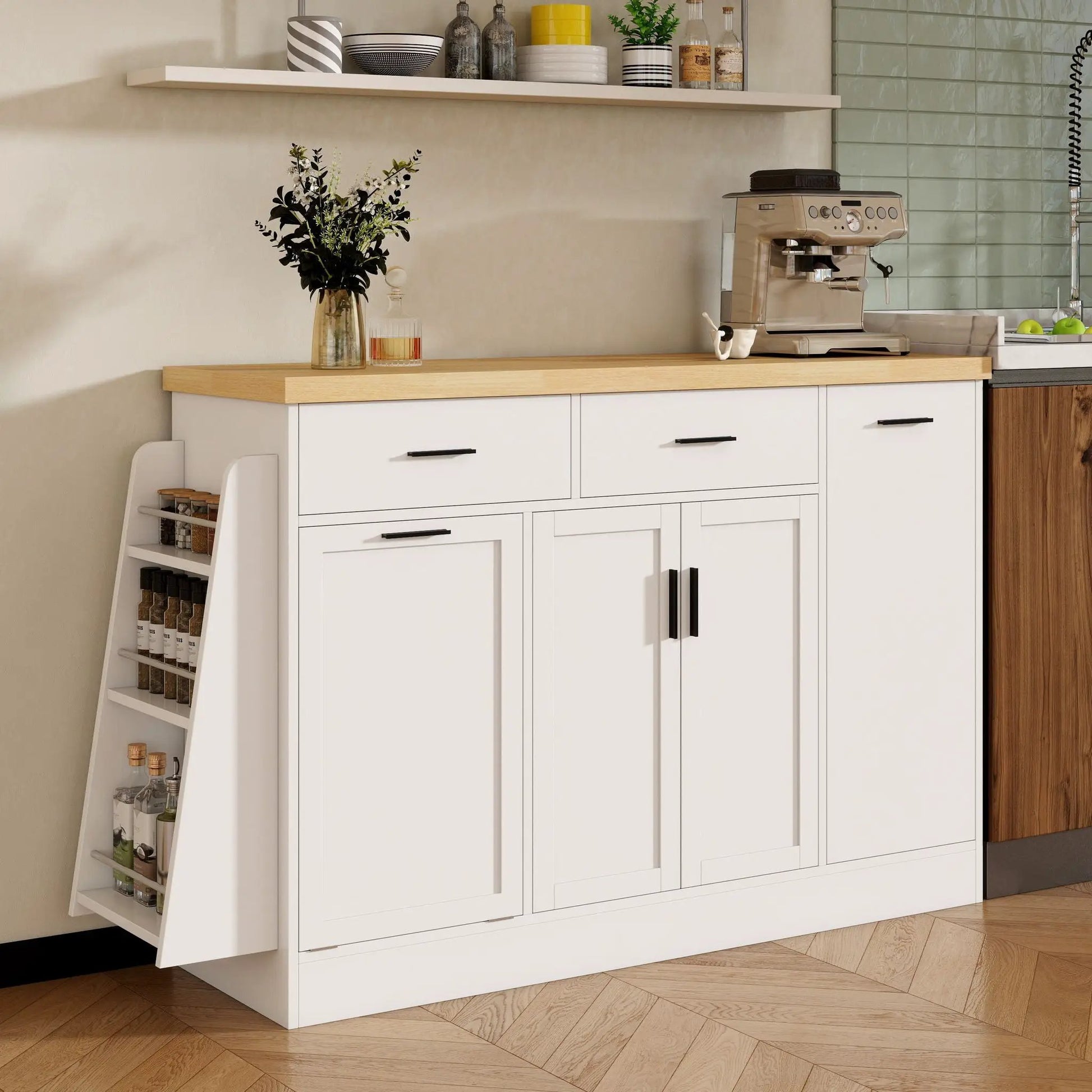 Kitchen sideboard with sliding doors, white finish and light wood top; 3-tier spice rack on left on Tampa Home & Garden Store