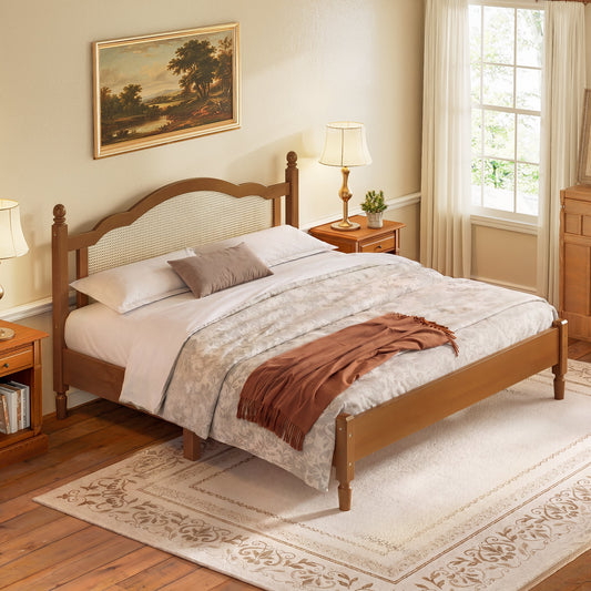 King size wooden platform bed with rattan headboard by HouseOfZazla in honey finish on Tampa Home & Garden Store