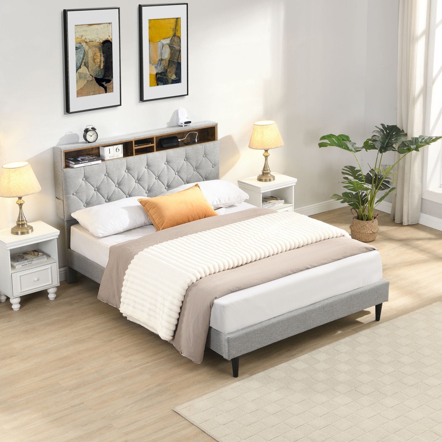 Modern Upholstered Bed Frame and Usb Ports