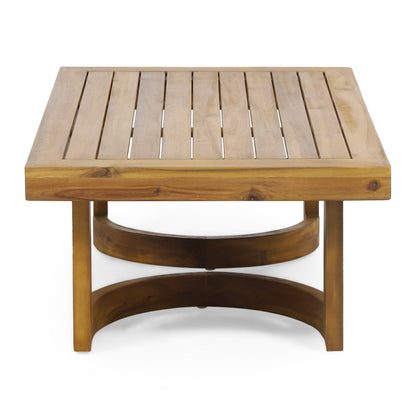 Outdoor Acacia Wood Coffee Table with slatted top and curved lower shelf by HouseOfZazla on Tampa Home & Garden Store