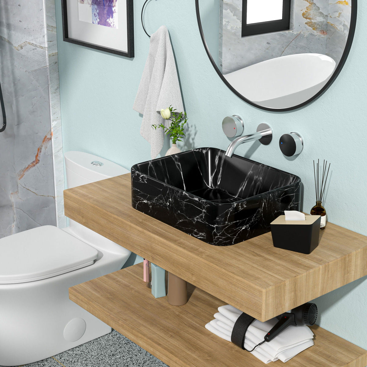 Rectangular vessel sink in black and gray marble ceramic finish on a wood vanity on Tampa Home & Garden Store