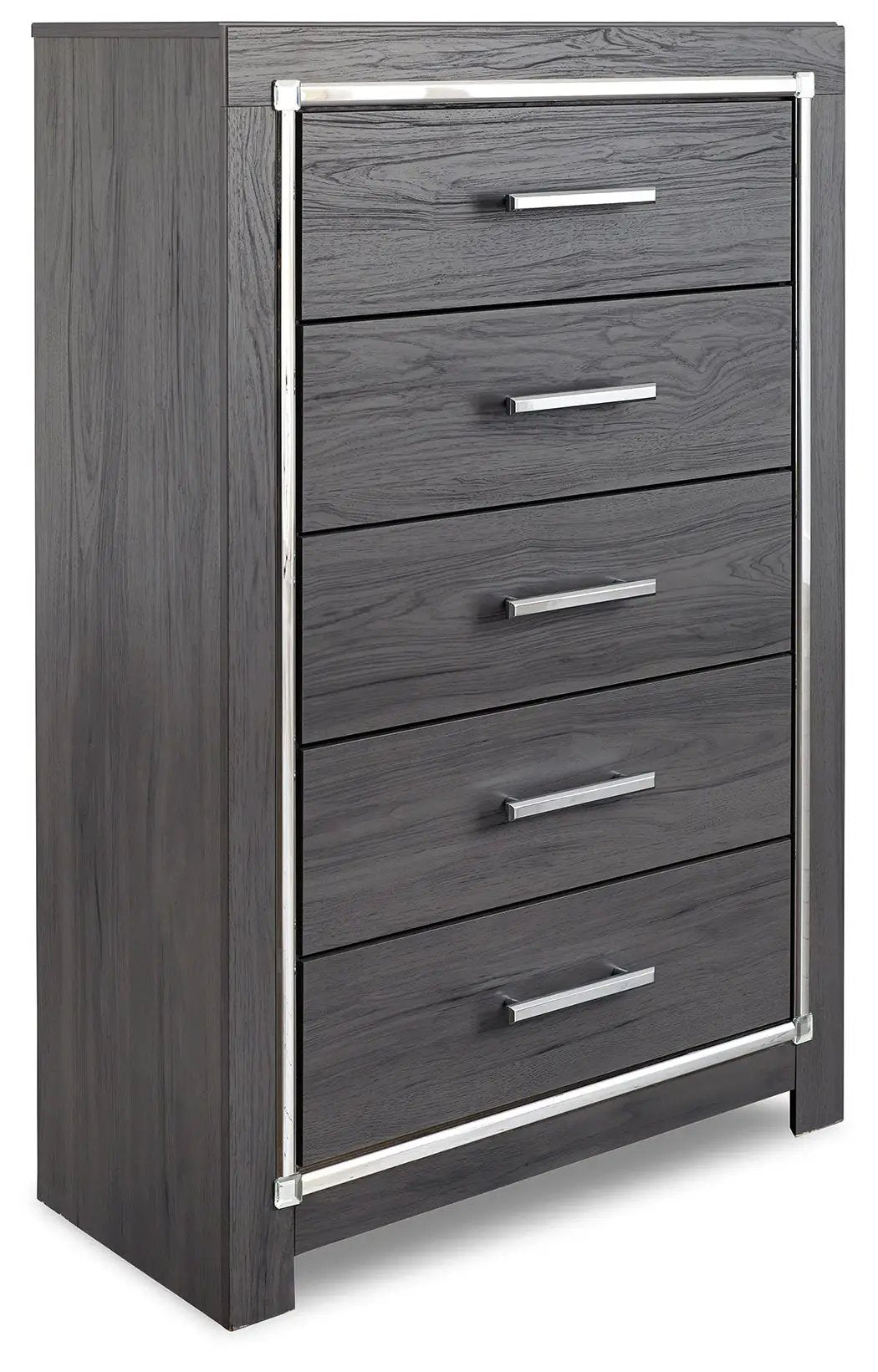 Lodonna dresser in dark gray wood with chrome bar pulls on Tampa Home & Garden Store