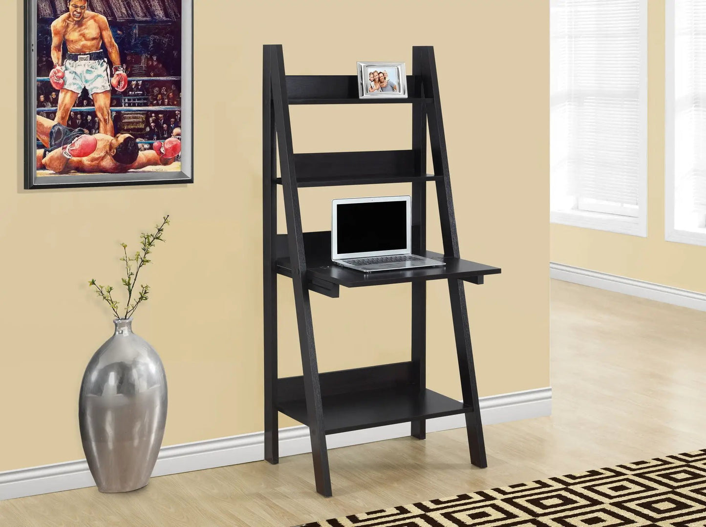 Computer desk for home office with leaning ladder frame and storage shelves laptop on shelf on Tampa Home & Garden Store