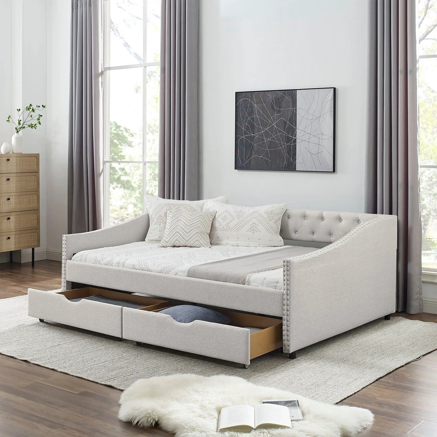 Upholstered Tufted Daybed With Drawers Waved Arms