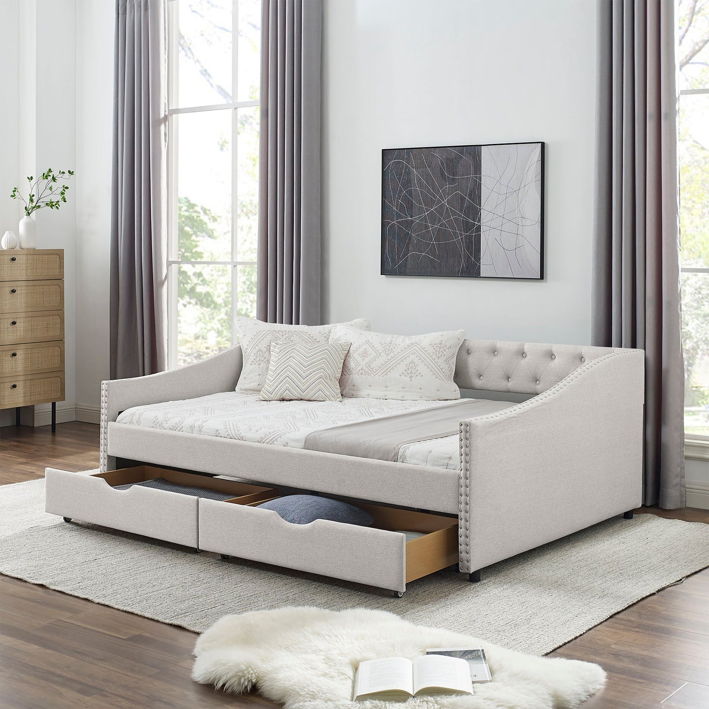 Upholstered Tufted Daybed and Storage Drawers
