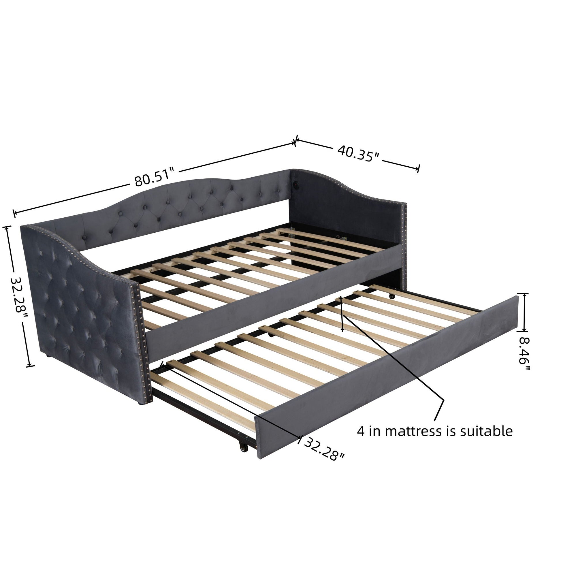 Twin size upholstered daybed with gray fabric and tufted headboard, trundle HouseOfZazla on Tampa Home & Garden Store