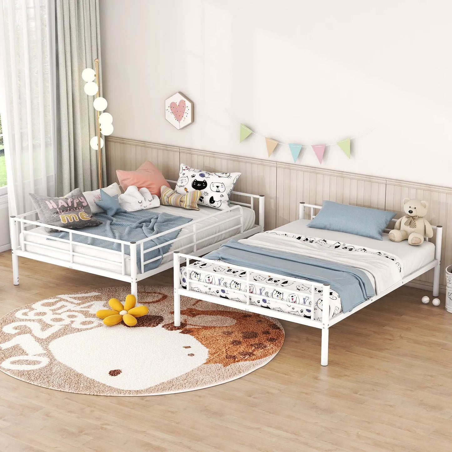 Steel Construction Bunk Bed in white metal frame with twin mattresses and pastel bedding on Tampa Home & Garden Store