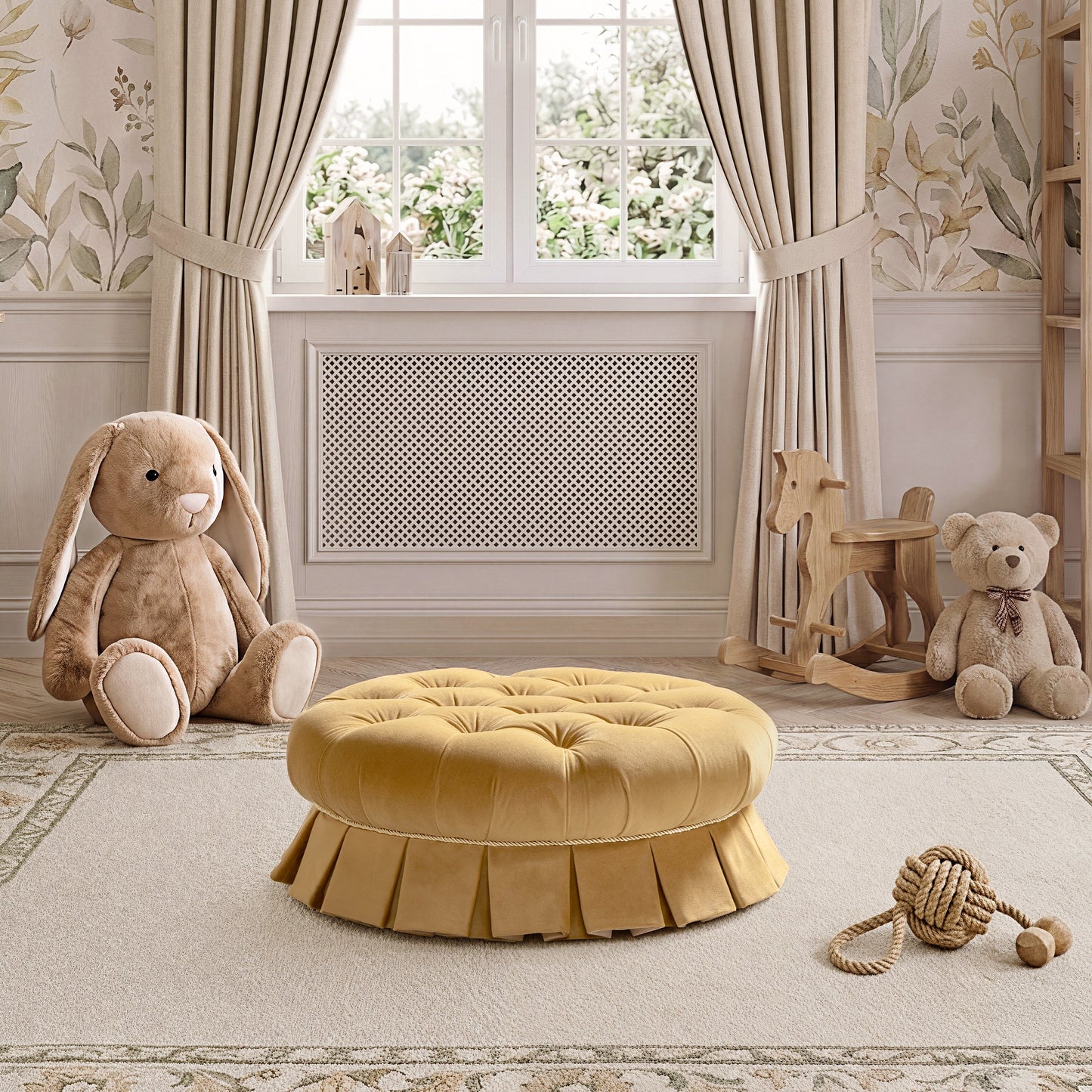 Roquefort 24.5-inch round tufted velvet pet bed with box-pleated skirt mustard, HouseOfZazla on Tampa Home & Garden Store