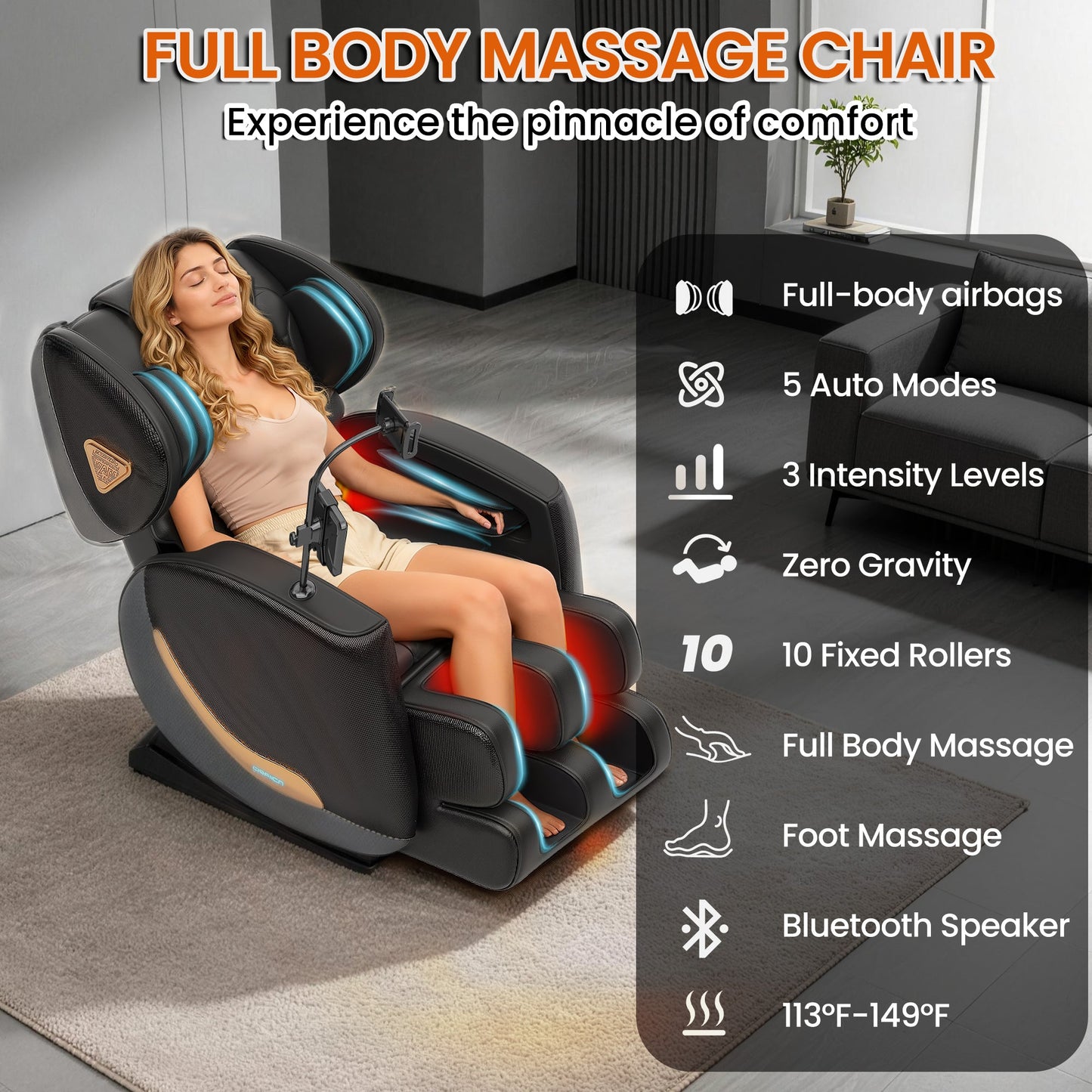 Full-body massage chair recliner with a woman relaxing, HouseOfZazla blue-accented cushions on Tampa Home & Garden Store