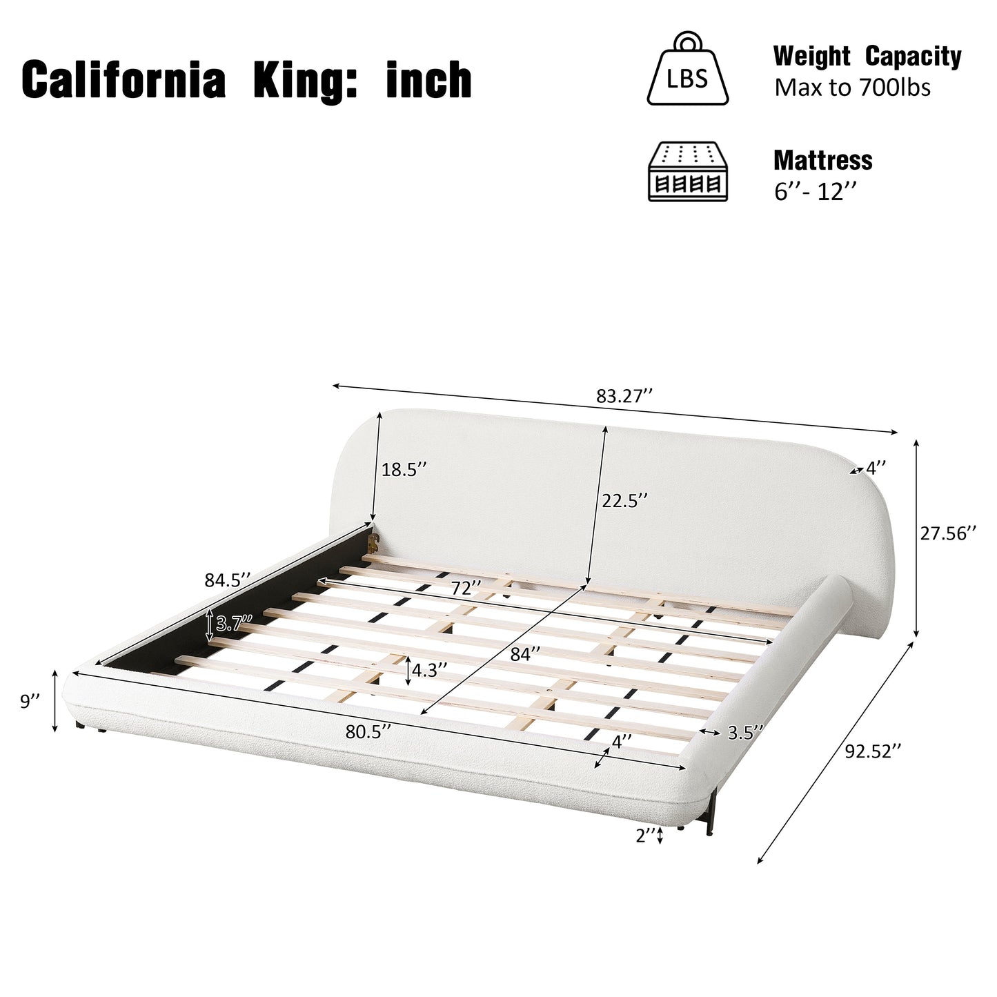 Plush Boucle King Bed Frame with Thick Headboard