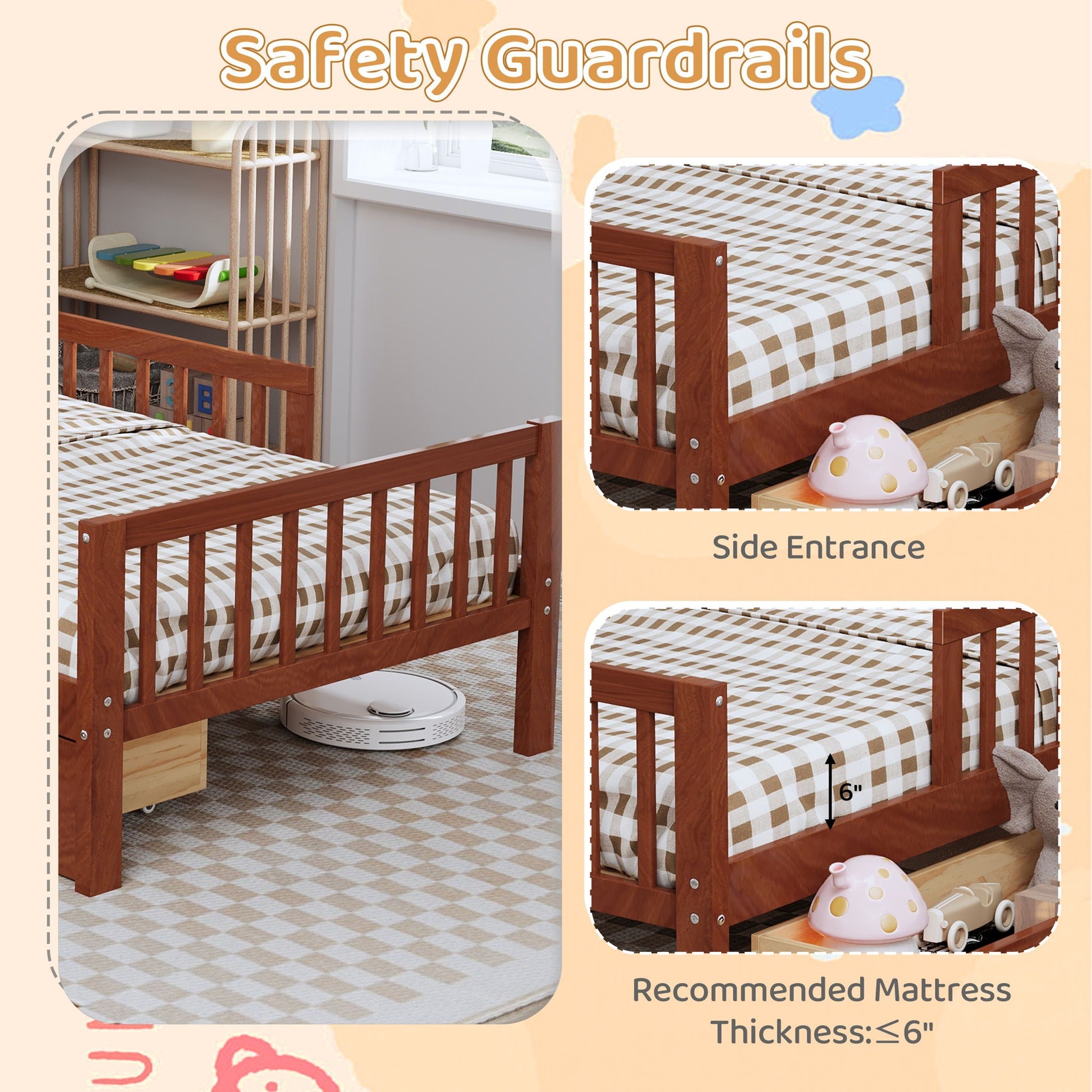HouseOfZazla bed with headboard storage rack, 2 under-bed drawers, 3 side guardrails on Tampa Home & Garden Store