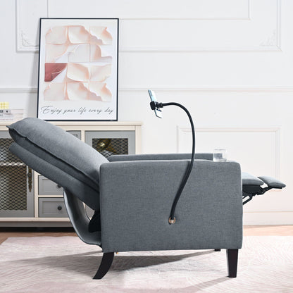 Gray fabric reclining chair with extended footrest in a modern living room on Tampa Home & Garden Store