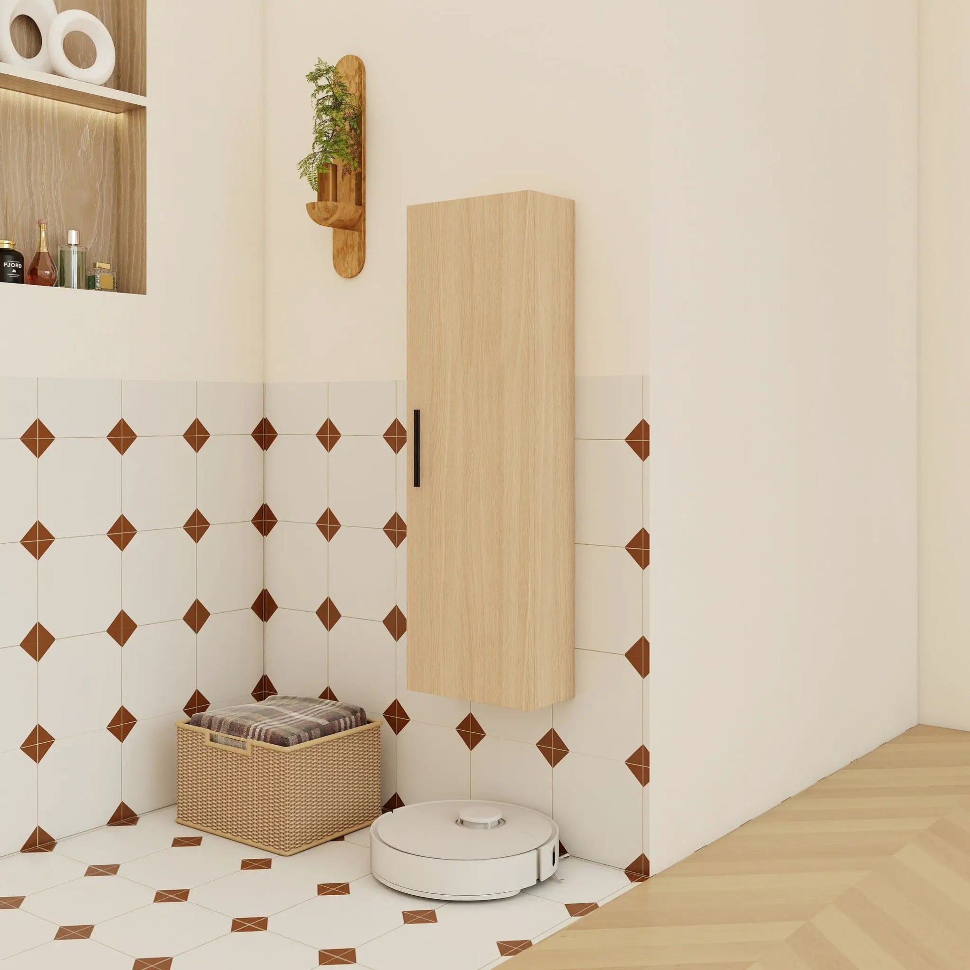 Tall floating bathroom cabinet light oak, wall-mounted single-door storage by Unique Piece on Tampa Home & Garden Store