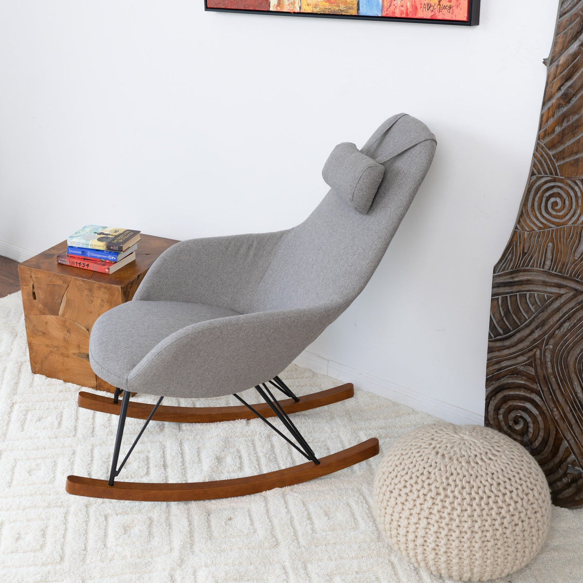 Chloe mid-century modern rocker chair gray fabric with wooden rockers by HouseOfZazla on Tampa Home & Garden Store