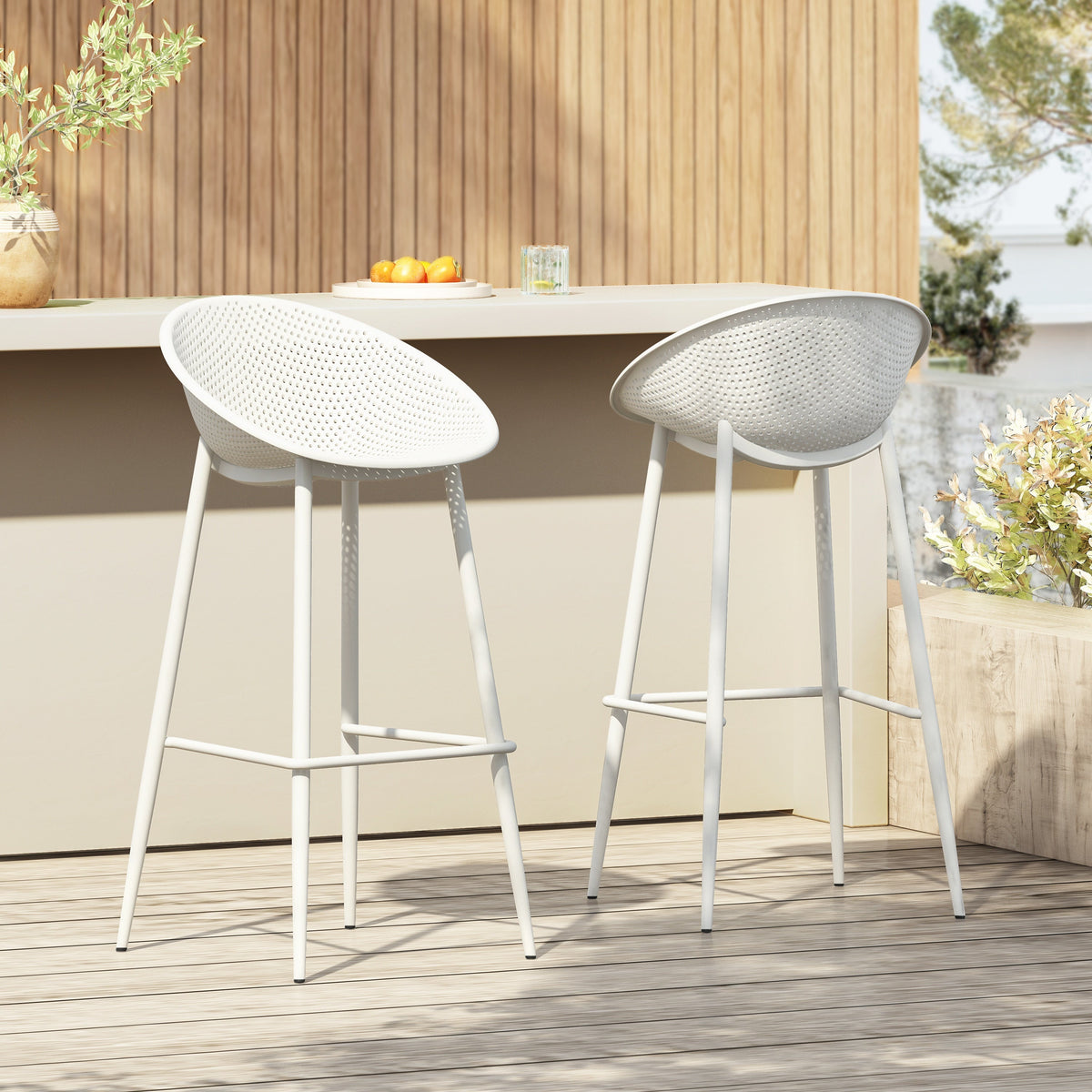 Outdoor barstool set of 2 in white with perforated curved backs on Tampa Home & Garden Store