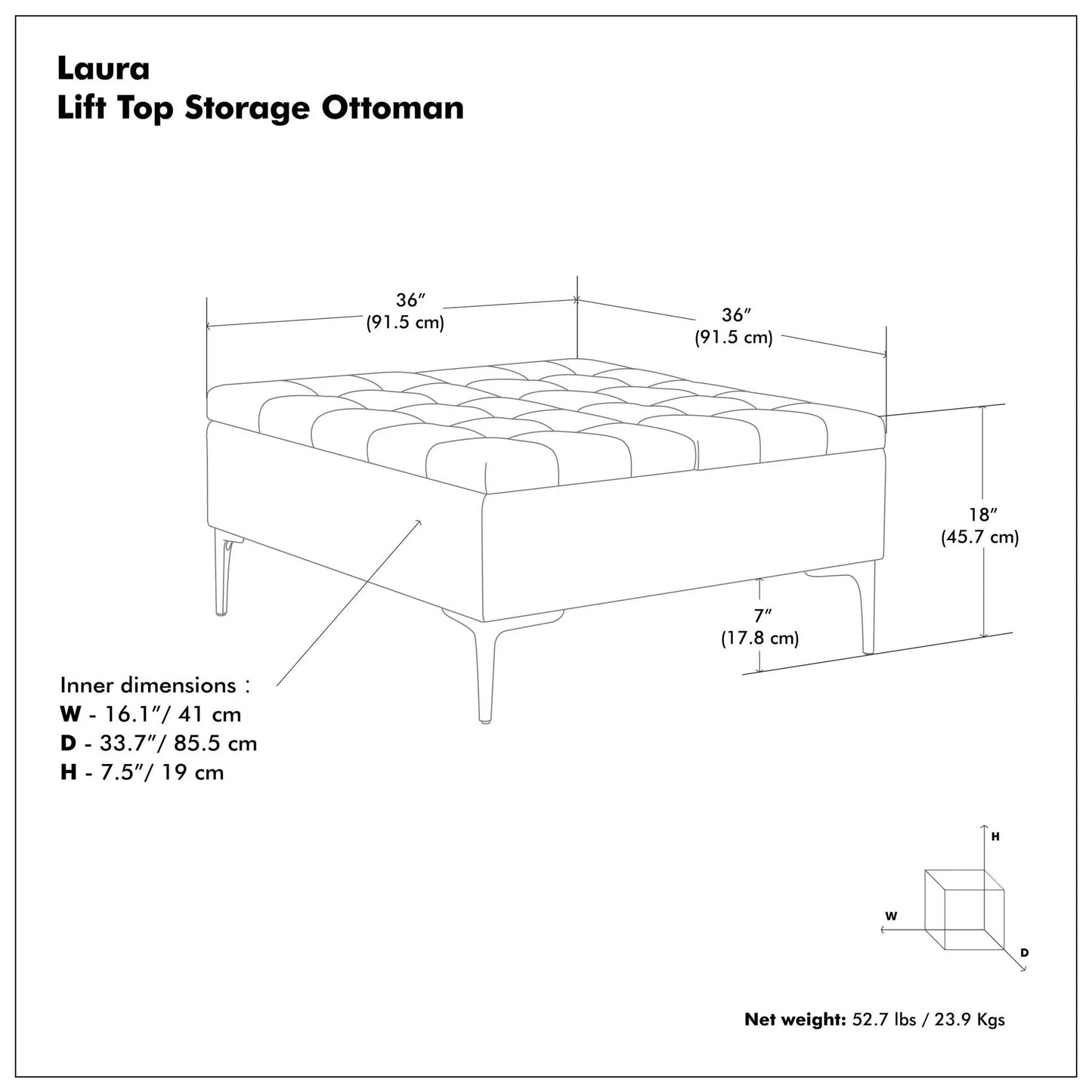 Laura Lift Top Solid Wood Storage Ottoman