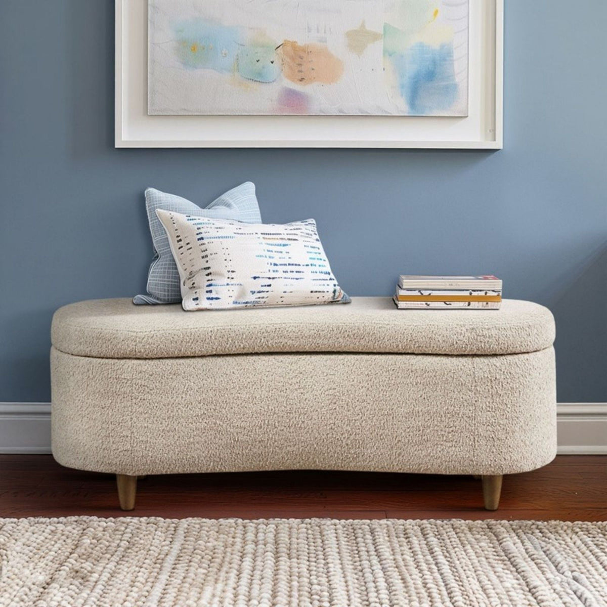 Flip Top Storage Bench beige fabric with light wood legs by HouseOfZazla decorative pillow on Tampa Home & Garden Store