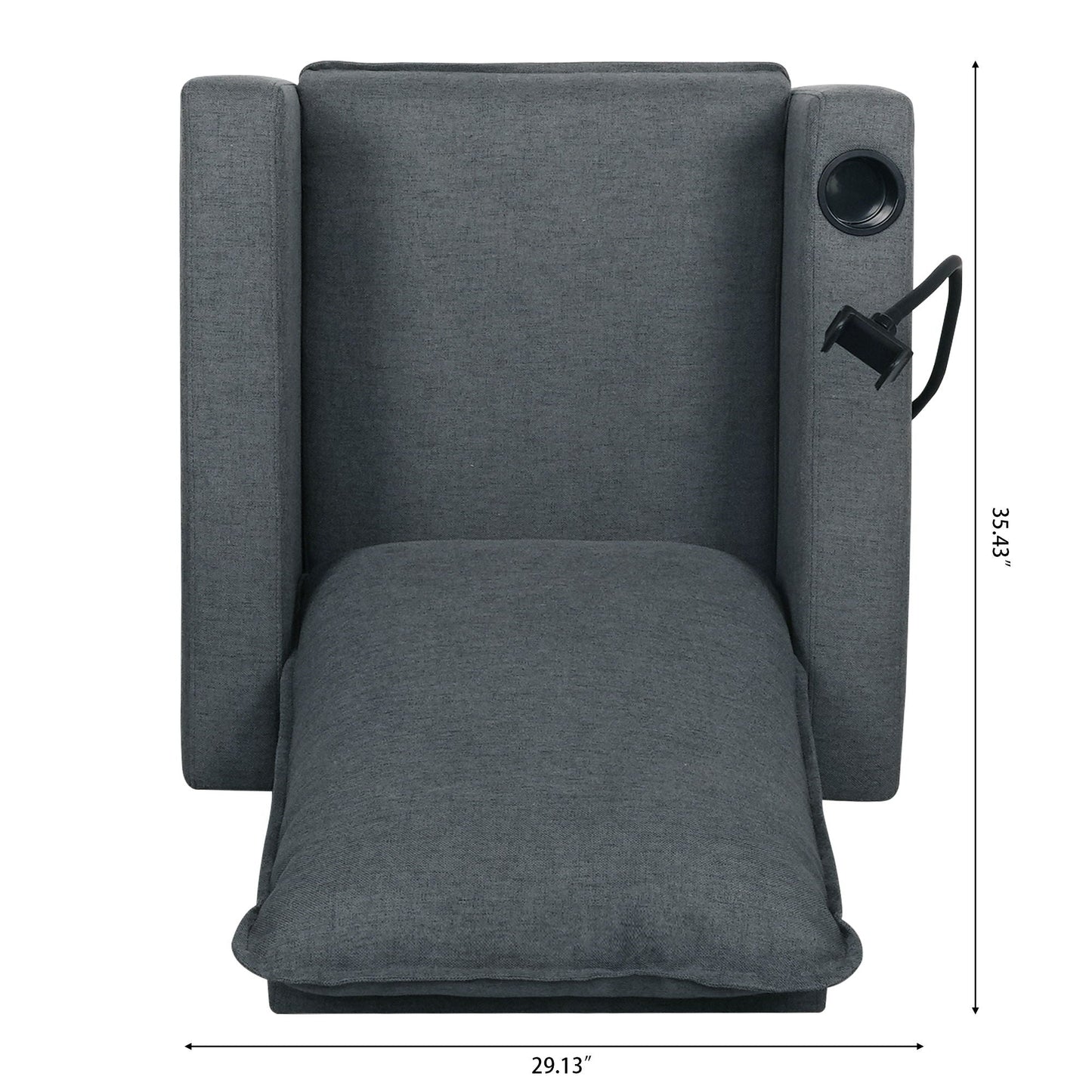 HouseOfZazla gray fabric recliner chair with built-in phone holder and cup holder on armrest on Tampa Home & Garden Store